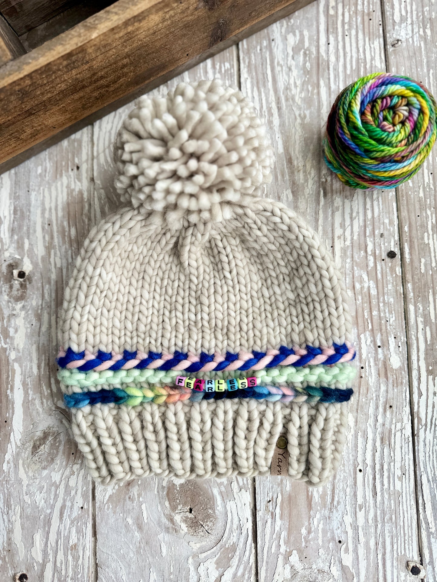 Friendship Bracelet Merino Wool Knit hat with merino wool Pom