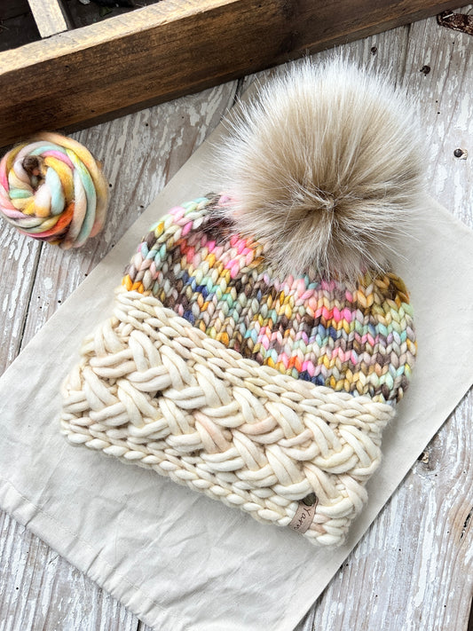 Merino wool knit hat with faux fur Pom