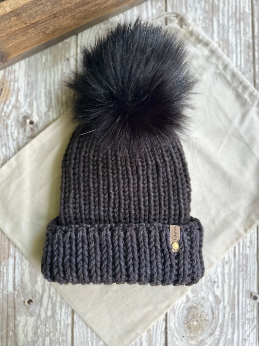 Merino wool knit folded brim beanie with faux fur Pom