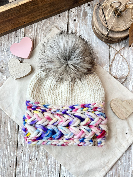 Merino wool knit hat with faux fur Pom