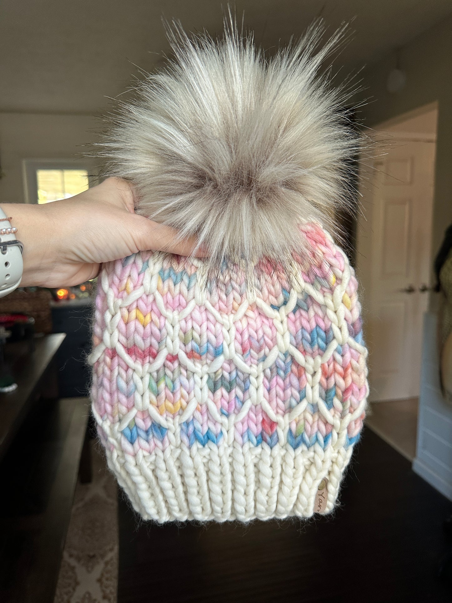 Merino and Peruvian wool knit hat with faux fur Pom