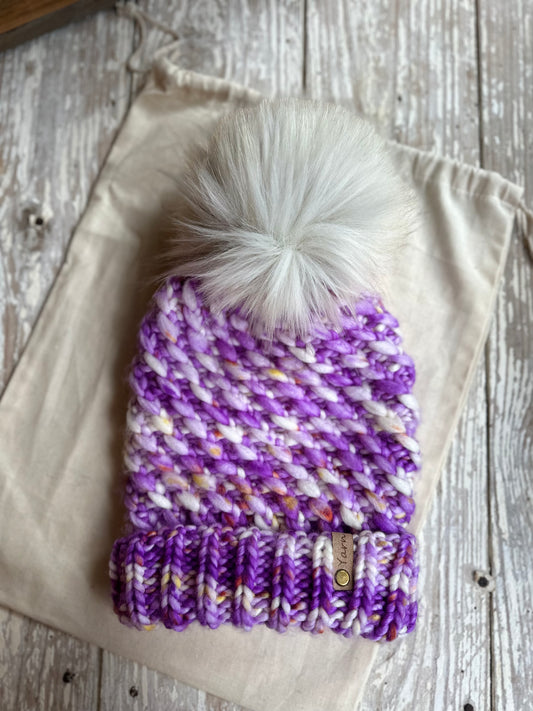 Merino wool folded brim knit hat with faux fur Pom