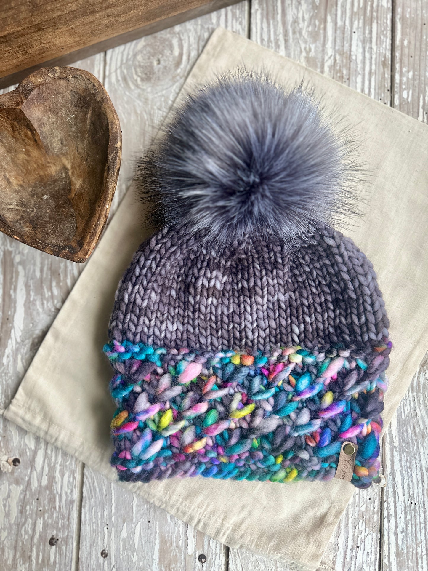 Merino wool knit hat with faux fur Pom