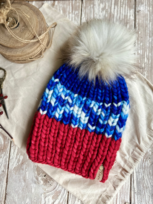 Merino wool knit hat with faux fur Pom