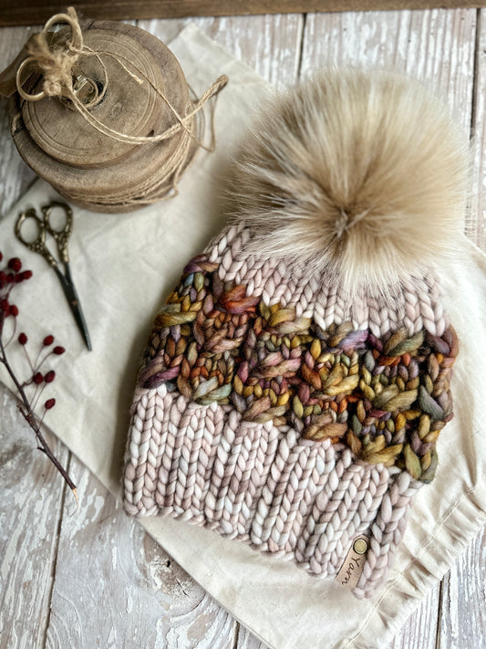 Merino wool knit hat with faux fur Pom