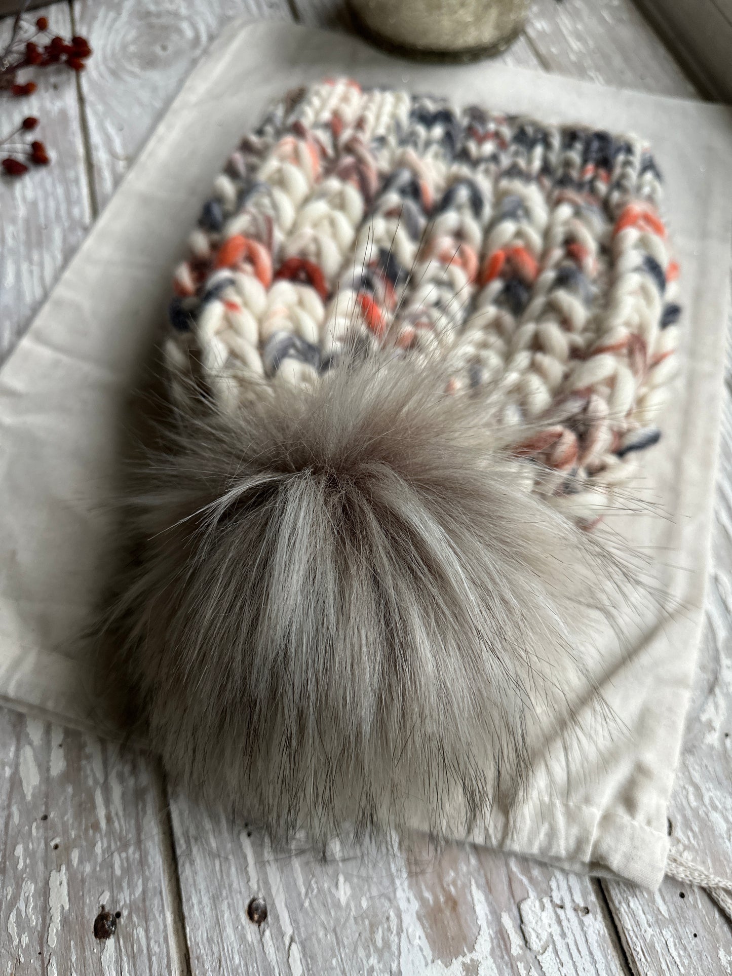 Peruvian wool knit hat with faux fur Pom