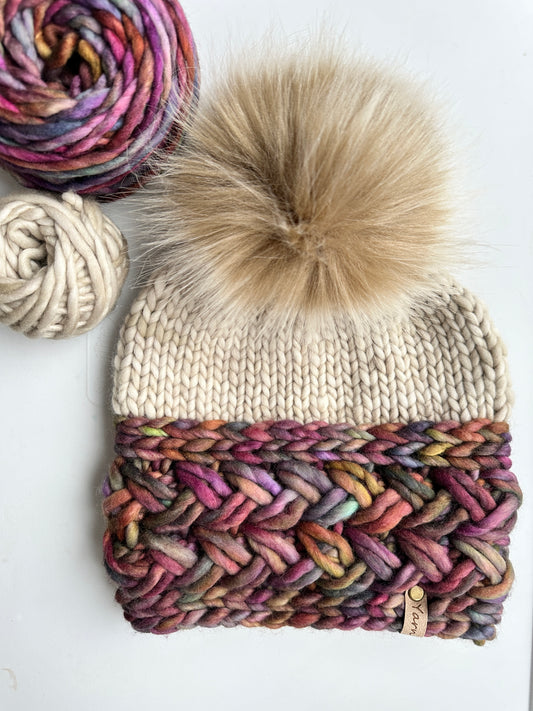 Merino wool knit hat with faux fur Pom