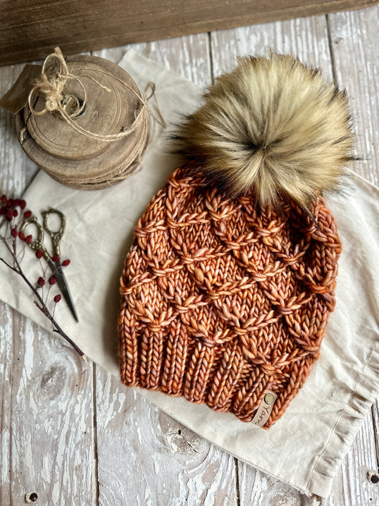 Merino wool knit hat with faux fur Pom