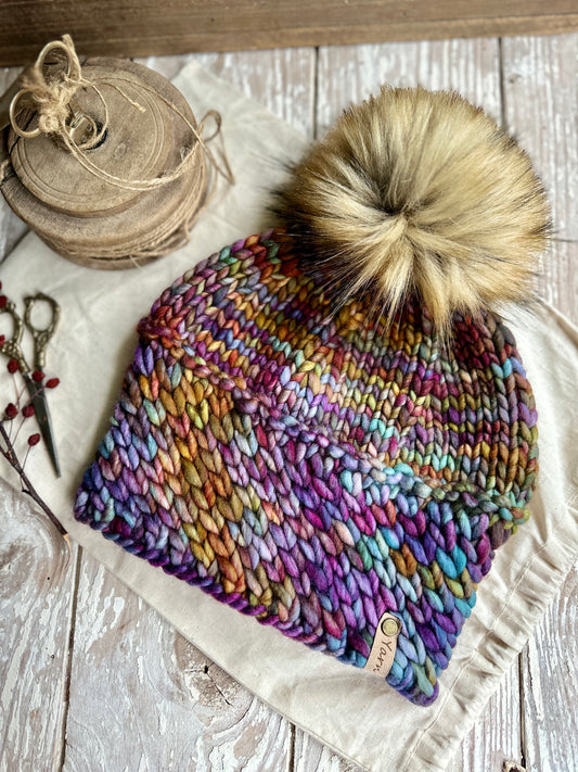 Merino wool knit hat with faux fur Pom