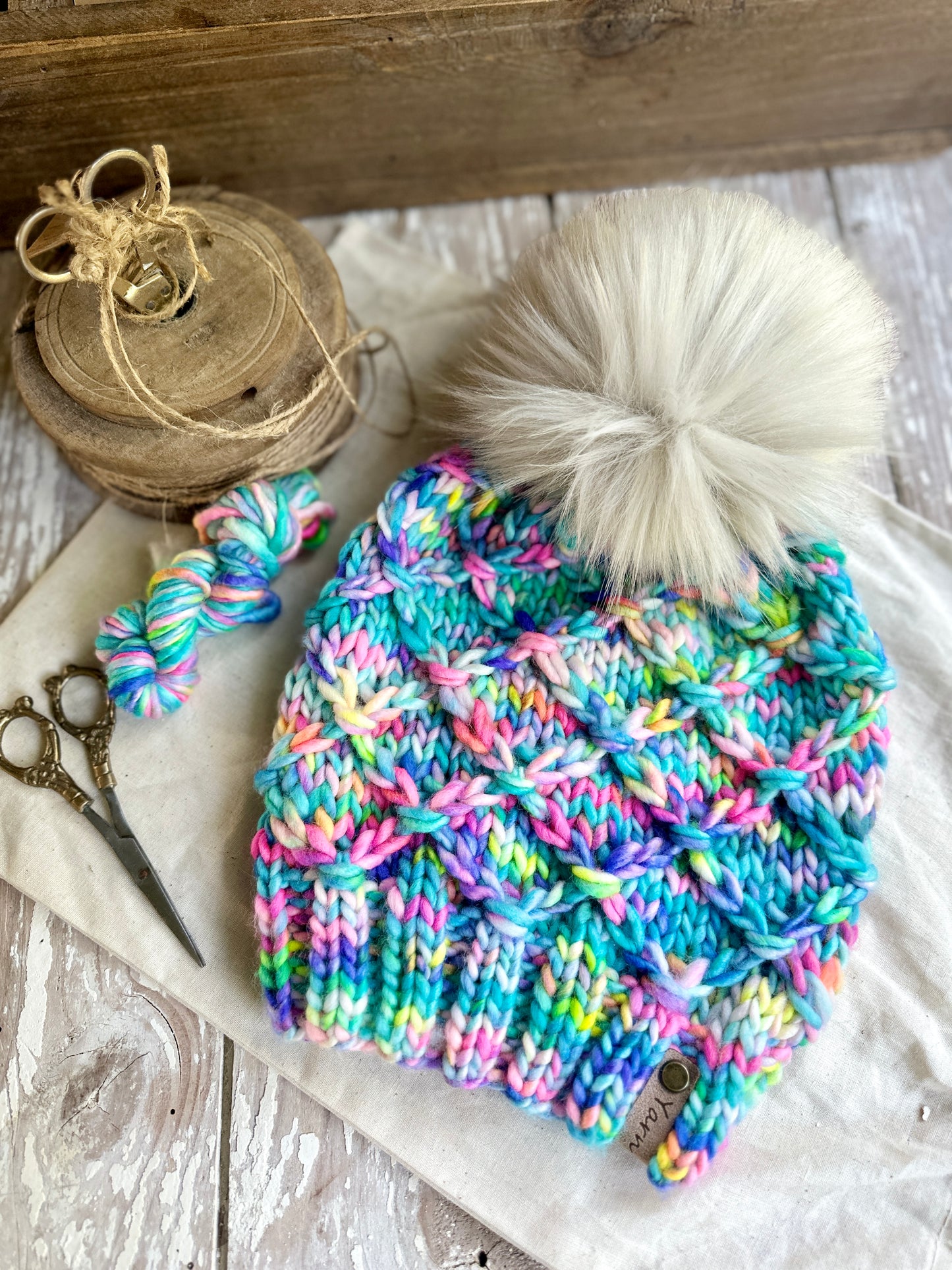 Reserved for Marissa-Merino wool knit hat with faux fur Pom