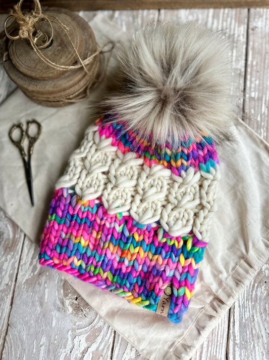 Merino wool knit hat with faux fur Pom