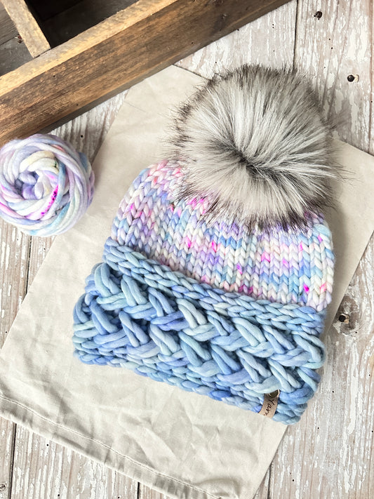 Merino wool knit hat with faux fur Pom