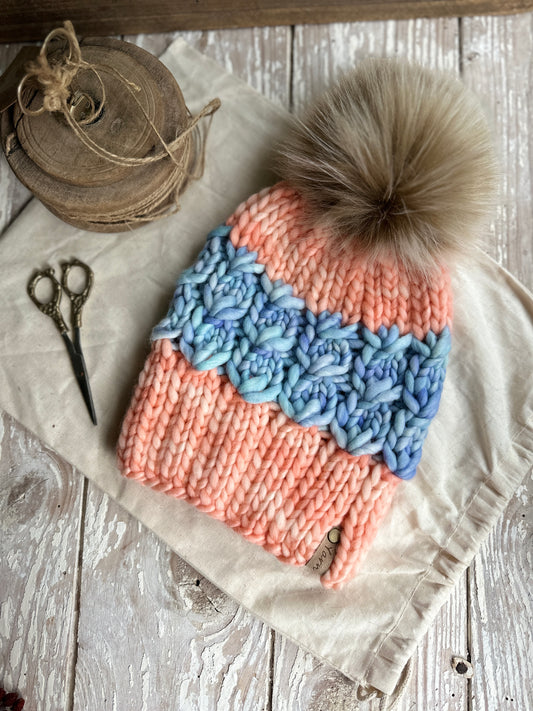 Merino wool knit hat with faux fur Pom