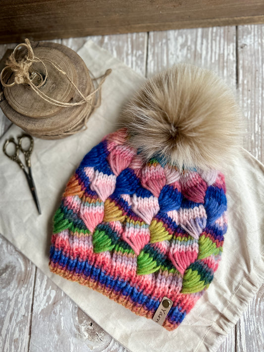 Merino wool knit hat with faux fur Pom