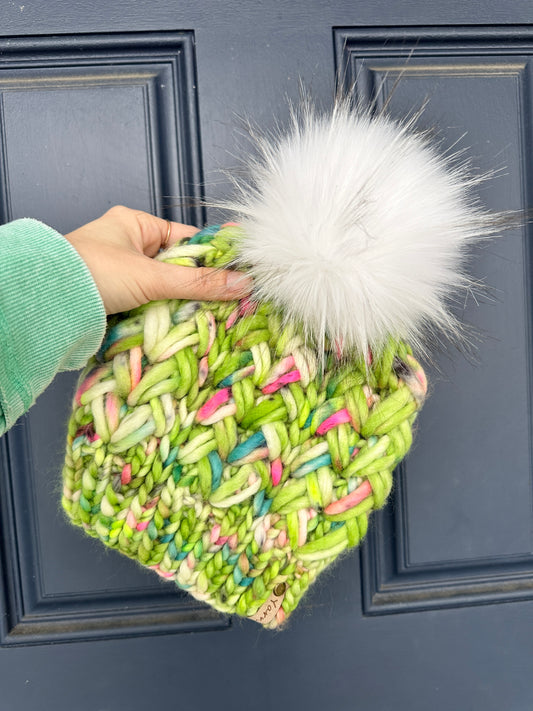 Merino wool knit hat with faux fur Pom