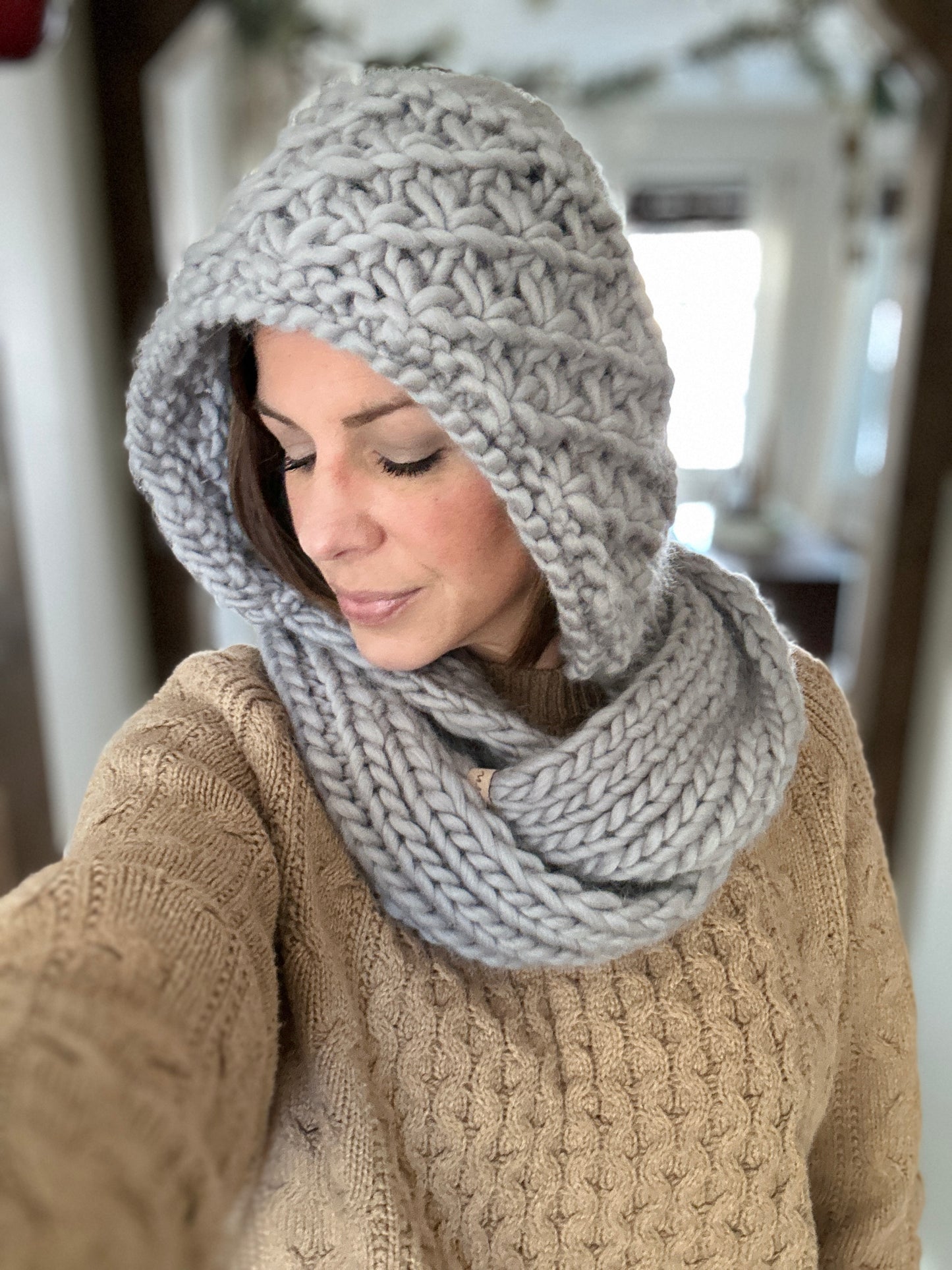 Peruvian highland wool knit hooded Infinity cowl