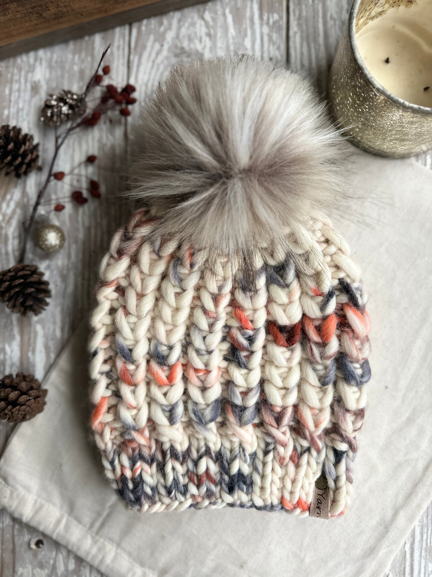 Peruvian wool knit hat with faux fur Pom