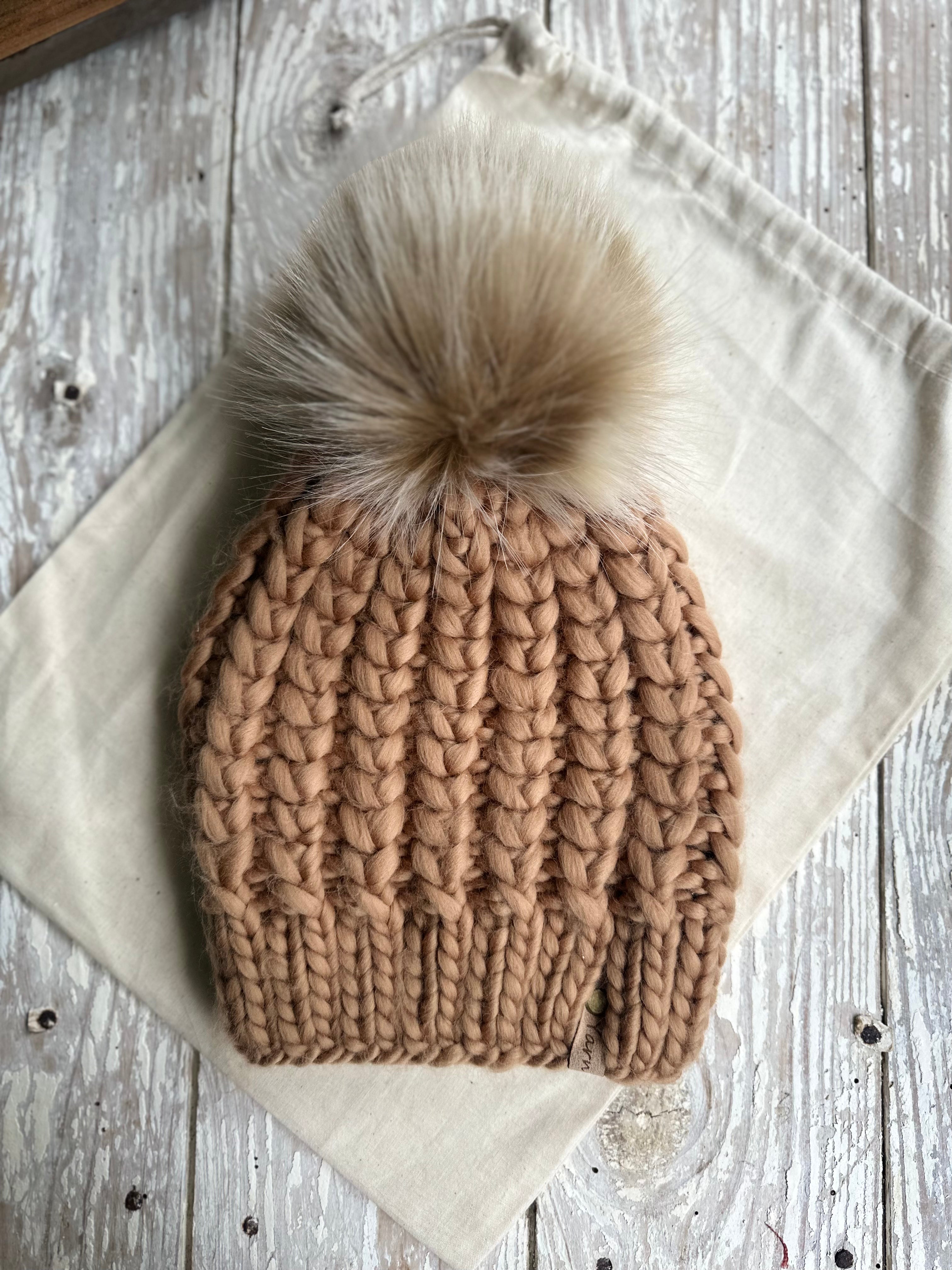 Merino Wool Knit Hat with store Faux Fur Pom Pom