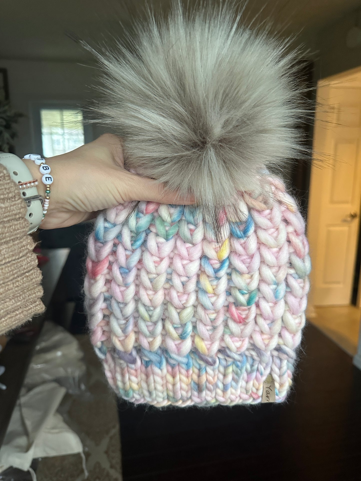 Peruvian wool knit hat with faux fur Pom