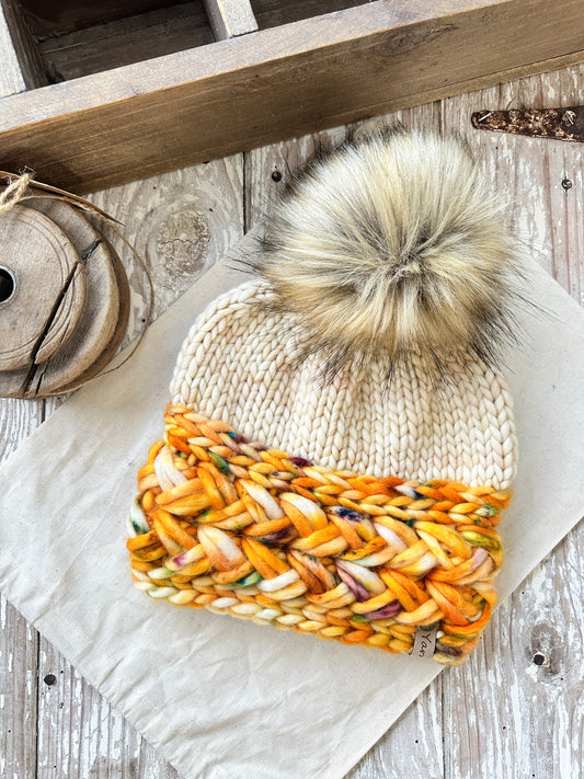 Merino wool knit hat with faux fur Pom