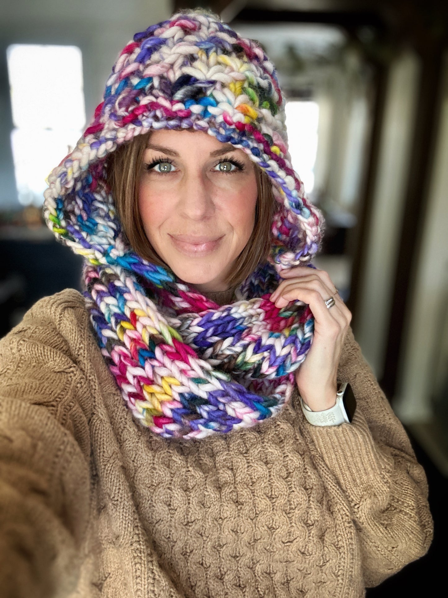 Peruvian highland wool knit hooded infinity scarf