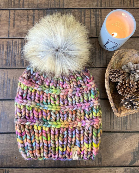 Merino wool knit hat with faux fur Pom