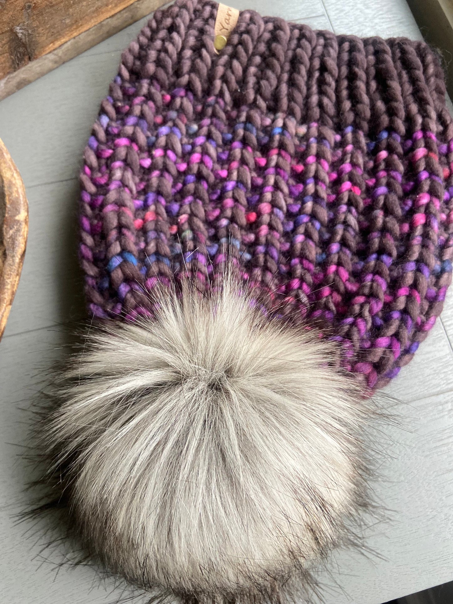 Merino wool knit hat with faux fur Pom