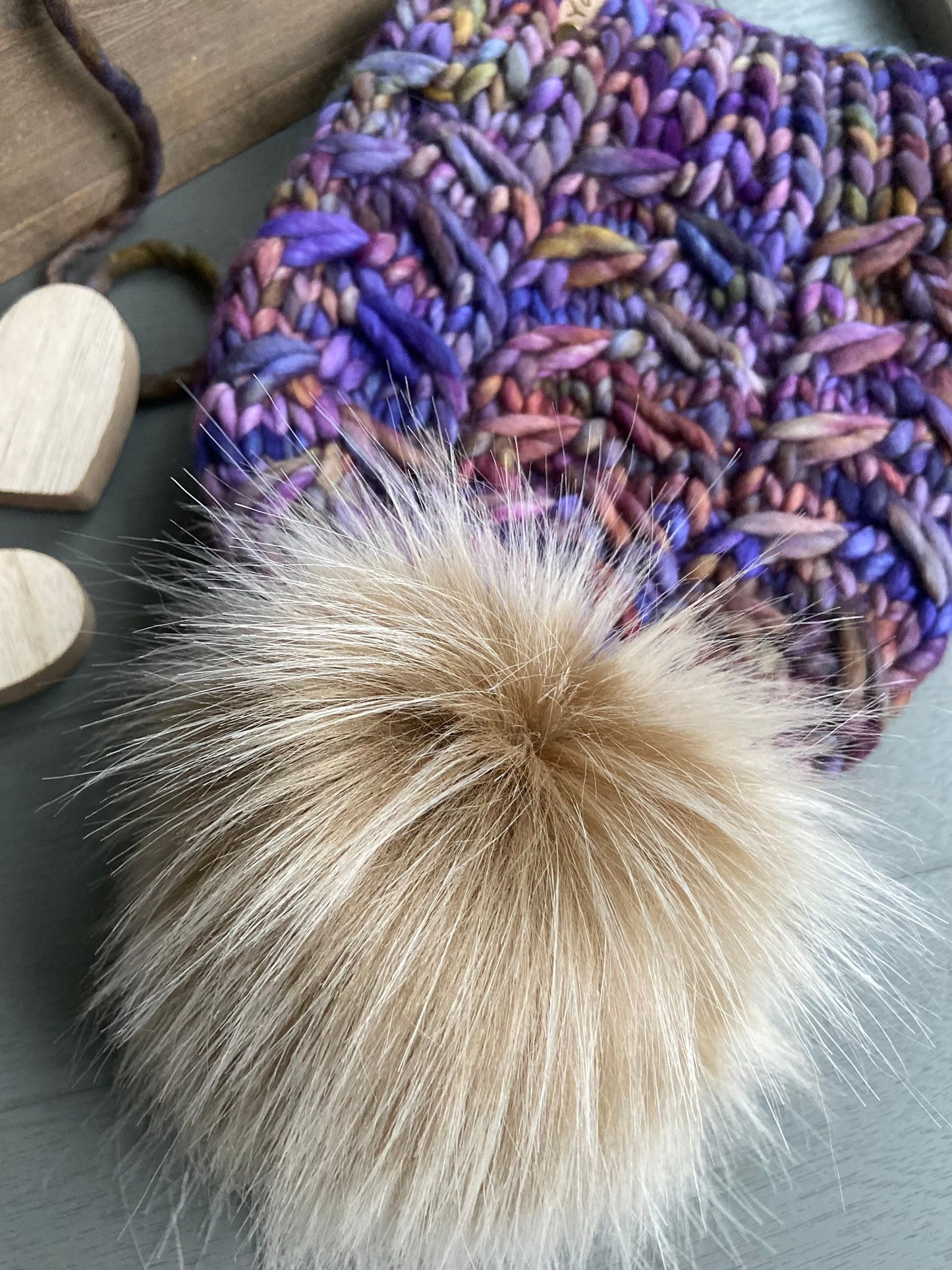 Merino wool knit hat with faux fur Pom