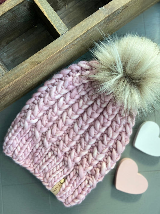 Merino wool knit hat with faux fur Pom