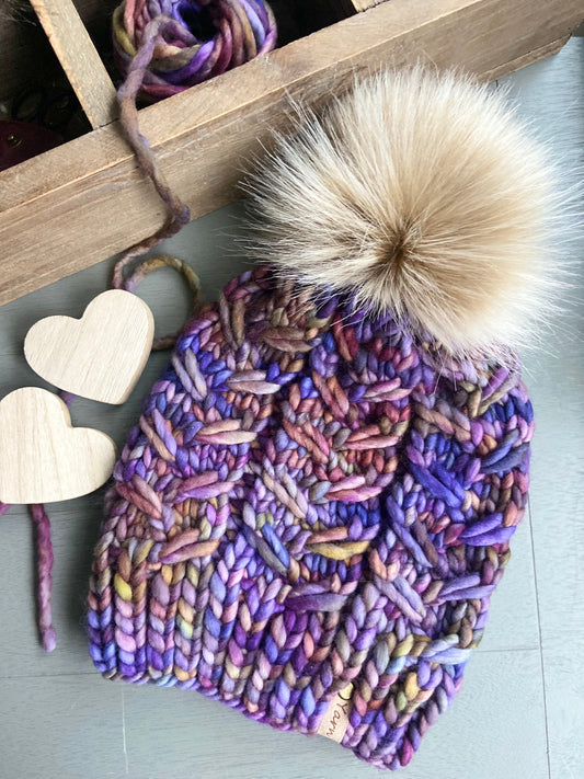 Merino wool knit hat with faux fur Pom